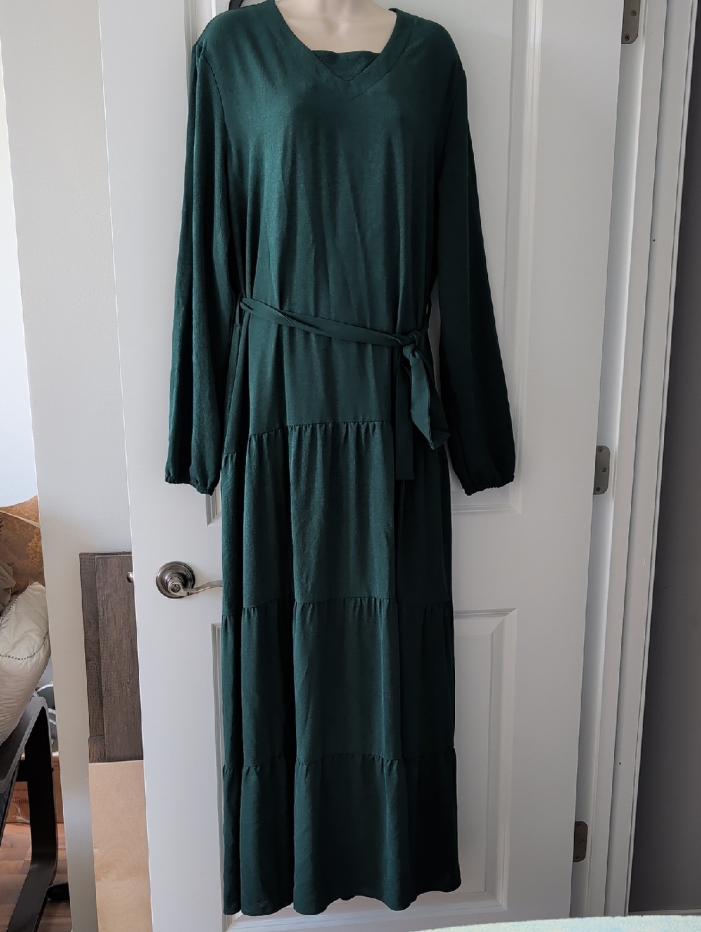 Dark Green Long Sleeve Tiered Maxi Dress